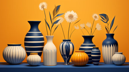 pottery artwork in van gogh and matisse style, with mustard and deep blue pastel tones, geometric shapes, and muted hues. high-quality illustration, clean, minimal, in 16k resolution with hdr. ai generatedの素材