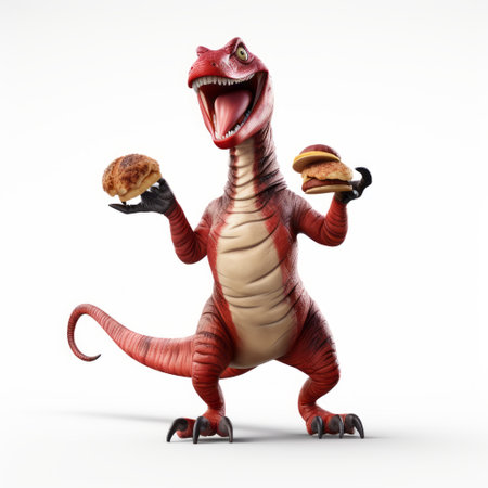 utahraptor engages in a playful dance with a sausage in a pixar-inspired scene. the character stands out against a pure white background, creating a dramatic and theatrical atmosphere. the image features vibrant light red and brown hues, reminiscent of artist alex ross's signature style. this 8k high-quality photo captures the distinctive and dynamic essence of the moment. ai generatedの素材