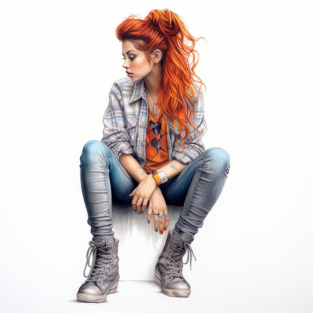 a photo-realistic pencil sketch of a female figure, portraying a full body shot in vivid colors against a crisp white background. the artwork captures intricate details and subtle nuances, showcasing the artist's skill in this stunning portrait. ai generatedの素材