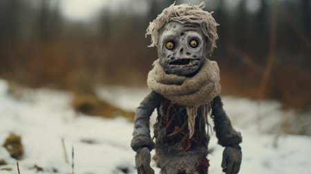 tundra, a felt stop-motion zombie, captured in stunning 4k resolution. the photo features a shallow depth of field, emphasizing the details of the character's full body. with low saturation, the eerie presence of the zombie is magnified for a captivating visual experience. ai generatedの素材