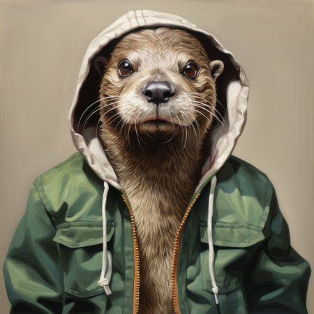 an otter in a hip-hop shirt exudes post-painterly vibes in this portrait painting, creating a fusion of realism and heistcore aesthetics for social media sharing. the khaki, white, and light emerald color palette adds a fresh twist to the stylish portrayal of the otter on flickr. ai generatedの素材