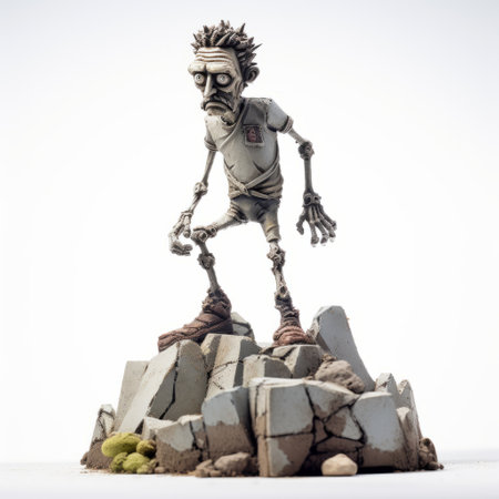 a zombie figurine designed in the style of evgeni gordiets, clemens ascher, and didier lourenco, showcasing inventive character designs with spiky mounds. the close-up photo captures the full body of the figurine on a white isolated background, highlighting the intricate details and unique artistic elements. ai generatedの素材