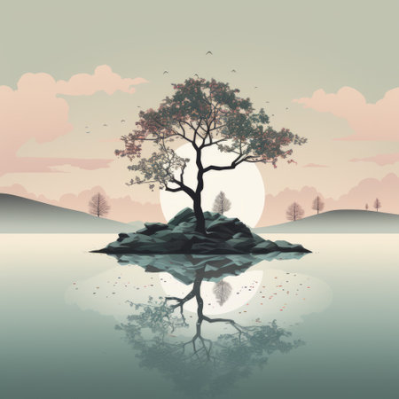 the minimalist lake and tree design creates a serene landscape, blending simplicity and tranquility. a peaceful oasis, the image captures the essence of nature's beauty with elements of minimalism and calmness. perfect for those seeking a peaceful escape in a tranquil setting. ai generatedの素材
