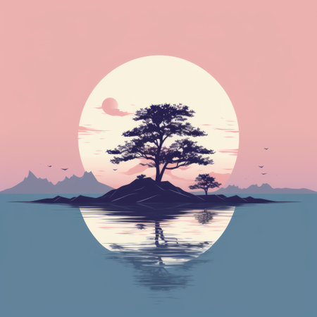 the minimalist lake and tree landscape brings a sense of serenity and calmness. the tranquil setting features a simple yet captivating design that enhances the peaceful atmosphere. perfect for those seeking a quiet and harmonious retreat in nature. ai generatedの素材