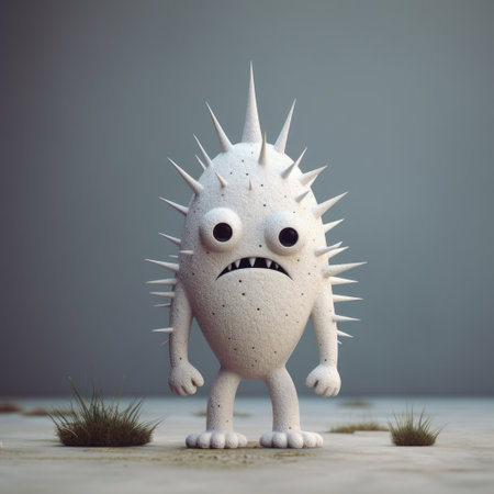 a unique monster figurine inspired by the styles of evgeni gordiets, clemens ascher, and didier lourenco. this concrete creation showcases inventive character designs with spiky mounds, captured in a close-up, full-body shot on a white isolated background. ai generatedの素材