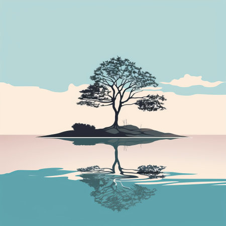 minimalist lake and tree landscape design creates a serene atmosphere, perfect for relaxation and contemplation. the simplicity of the scene enhances the tranquility, with the tree reflecting peacefully in the calm waters of the lake. ideal for those seeking a peaceful and minimalist aesthetic in their outdoor space. ai generatedの素材