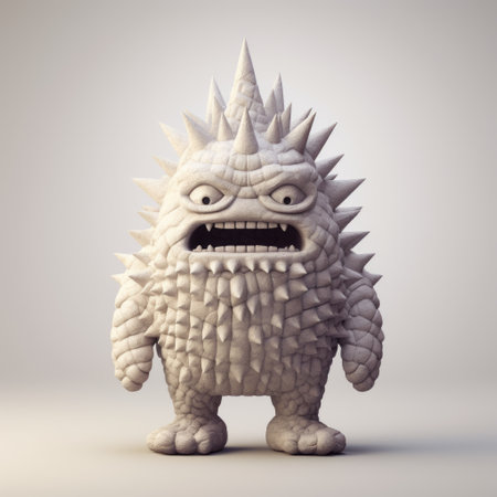 monster figurine with a design reminiscent of evgeni gordiets, clemens ascher, and didier lourenco's styles, featuring spiky mounds and inventive character designs. the close-up photo showcases the full body of the figurine against a white isolated background, ideal for collectors and enthusiasts of unique art pieces. ai generatedの素材