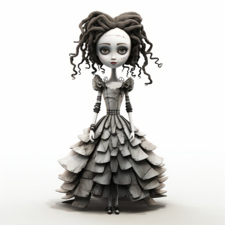 the 3d female character, reminiscent of tim burton's iconic style, is a doll-like figure standing tall in full-body view. the unique design features quirky details and a monochrome color scheme, set against a clean white isolated background. ideal for fans of tim burton's distinct aesthetic and collectors of whimsical, gothic-inspired art dolls. ai generatedの素材