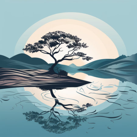 the minimalist lake and tree design in this serene landscape creates a tranquil atmosphere. the calm water reflects the lush foliage, enhancing the sense of peace and tranquility. the simple yet striking composition highlights the beauty of nature, making it a soothing and inviting environment. ai generatedの素材