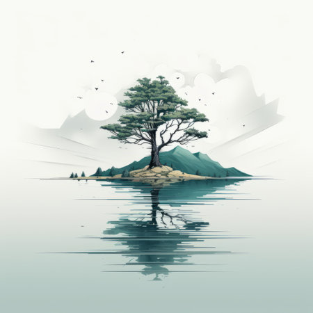 a minimalist lake and tree landscape design that evokes serenity and tranquility. the simplistic beauty of the tree reflecting on the calm waters creates a serene atmosphere in this scenic view. perfect for those seeking a peaceful and minimalist setting to relax and unwind in nature. ai generatedの素材