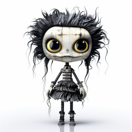 3d tim burton-style monster doll with a full body featured in a unique design, captured against a white isolated background. the eerie and whimsical character showcases intricate details and creepy charm, perfect for fans of gothic and fantasy aesthetics. ai generatedの素材