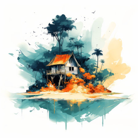 an island with a distant house on a tranquil sea, enhanced with artistic splatters. this minimalistic landscape captures the essence of solitude and serenity. the subtle details of the lone dwelling and the abstract splashes of color create a unique and captivating scene. ai generatedの素材
