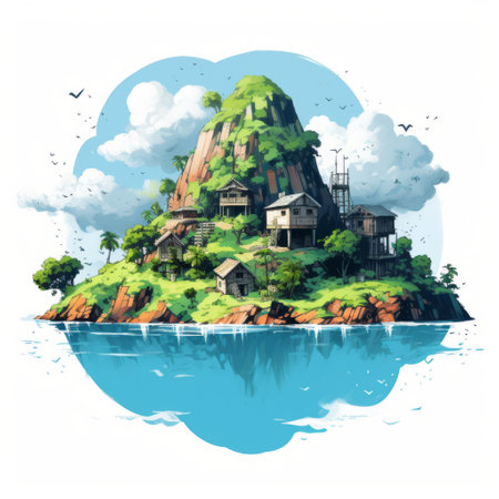 island landscape featuring a distant house, painted in a minimalistic style with artistic splatters for a unique touch. this serene scene captures the essence of tranquility and simplicity, perfect for adding a modern and creative element to your space. ai generatedの素材