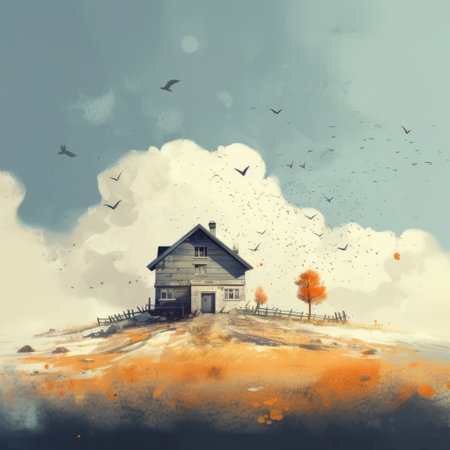 the landscape features a minimalist plain with a solitary house in the distance. the scene is elevated by splatters of paint, adding an artistic and creative touch to the overall composition. this photo captures the essence of simplicity and artistic expression with a hint of rural charm. ai generatedの素材
