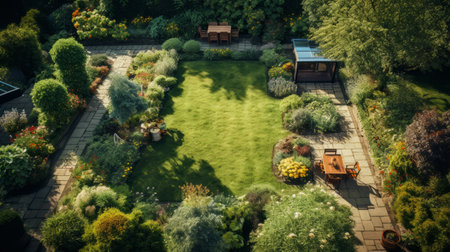 an aerial view of a 20th-century scandinavian style outdoor green garden, captured with a canon eos 5d mark iv. the warm tonal range, light amber, and indigo hues create a tranquil atmosphere. the artwork by clive madgwick features heavy shading, adding a reverent touch to the scene. ai generatedの素材