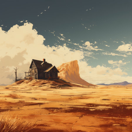 the badlands landscape features a solitary house in the distance, creating a sense of isolation. the minimalist design is enhanced by splatters of paint, adding an artistic touch to the scene. this unique combination of elements evokes a feeling of desolation and creativity in the artwork. ai generatedの素材