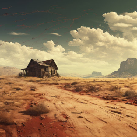 a minimalistic badlands landscape featuring a distant house, with splatters enhancing the artistic effect. the barren beauty of the badlands contrasts with the solitary house, evoking a sense of isolation and connection with nature. the splatters add a touch of creativity and intrigue to the serene setting. ai generatedの素材