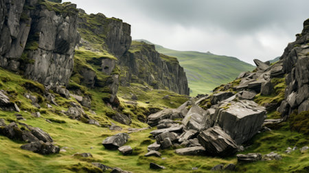 a scenic valley featuring rocks, grass, and tall grass creates a dark and foreboding landscape reminiscent of traditional british landscapes. captured with a large format lens, this uhd image showcases organic stone carvings and irregular structures, evoking a sense of fantasy within a street-like setting. ai generatedの素材