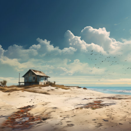 a serene beach scene featuring a minimalistic design, with a distant house adding a touch of charm to the landscape. the artistic splatters further enhance the visual appeal of the composition, creating a unique and captivating image. this photo captures the beauty of nature with a creative twist. ai generatedの素材