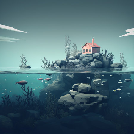 a minimalistic reef with a distant house, enhanced with artistic splatters for a unique touch. this serene scene captures the essence of simplicity and creativity, blending natural beauty with artistic expression. the peaceful presence of the house adds a charming contrast to the marine setting, creating a captivating visual composition. ai generatedの素材