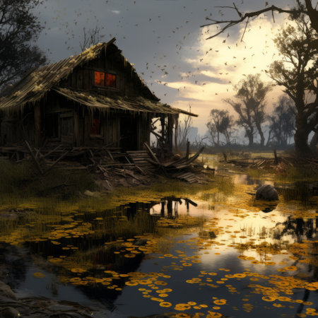 the swamp landscape features a secluded house in the distance, surrounded by serene waters and lush greenery. splatters of paint add an artistic touch, enhancing the minimalist vibe of the scene. this tranquil setting offers a blend of simplicity and creativity for a captivating visual experience. ai generatedの素材