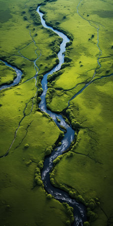 an aerial photograph showcasing a stunning aerial river in the wild, reminiscent of the precisionist lines seen in tj drysdale's style. this national geographic photo captures the beauty of the light green and green hues, reminiscent of dutch landscapes. the composition is eye-catching, reminiscent of the works of santiago rusinol. ai generatedの素材