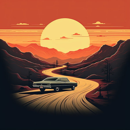 the retro poster features a modern-retro aesthetic landscape, exuding a minimalistic vibe. the design merges classic elements with a contemporary twist, capturing a nostalgic feel with a modern touch. the poster showcases simplicity and elegance in its artistic portrayal of the scenery, blending old-school charm with a sleek, updated style. ai generatedの素材