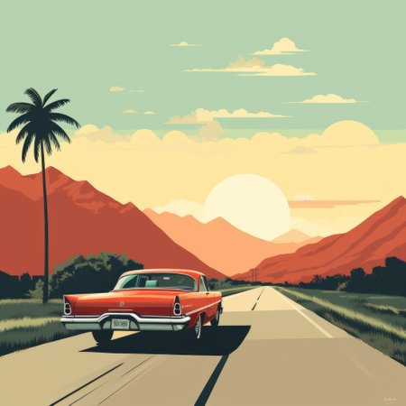 the retro poster features a modern-retro aesthetic landscape, designed with a minimalistic approach. the artwork incorporates a nostalgic vibe with a contemporary twist, highlighting simplicity and elegance. the design captures the essence of both past and present, offering a unique and stylish interpretation of a classic theme. ai generatedの素材