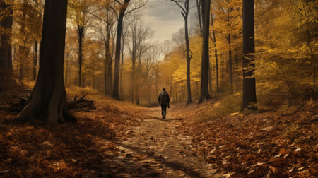 person walking through the forest with autumn leaves in a post-apocalyptic backdrop. the oblong frameable photo is captured in 32k uhd with a zeiss otus 85mm f1.4 apo planar t lens, showcasing painterly, photo-realistic landscapes. the high-quality image is taken with a hasselblad 1600f, offering stunning visual details. ai generatedの素材