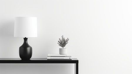 sleek modern indoor setting featuring a minimalist table lamp on a clean white backdrop. contemporary decor with a stylish lamp illuminating the room. minimalist design in a chic indoor space. white background enhances the lamp's sleek look. indoor ambiance with a modern touch from the elegant table lamp. ai generatedの素材