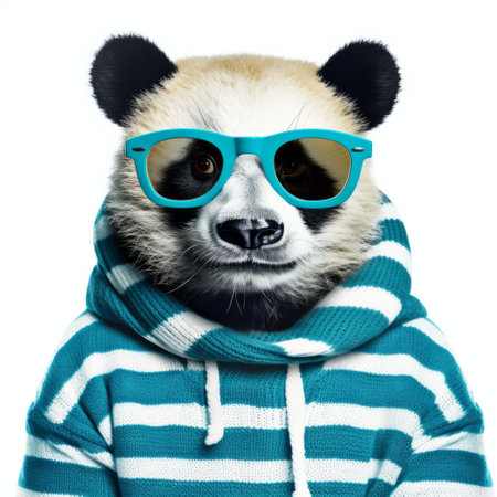 a panda bear in sunglasses and a blue & white striped sweater looks cheerful in this photo. the cute panda is posing happily against a white backdrop. it's a playful and amusing image of a panda in stylish attire, perfect for panda lovers and those who enjoy whimsical animal photos. ai generatedの素材