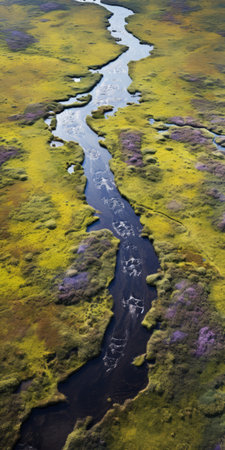 aerial view of an alpine river showcasing a landsail and vibrant purple flowers. captured in the style of zeiss batis 18mm f28, the image features a captivating blend of dark yellow and green hues. the scene is reminiscent of dutch seascapes, with irregular organic forms and emotive fields of color. this associated press photo highlights the beauty of nature's organic patterns. ai generatedの素材
