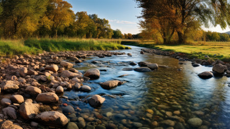 pasture stream showcasing small river stones in the water during fall time. captured using 32k resolution and hdr, this award-winning photograph captures the serene beauty of nature. explore this stunning image filled with autumn hues and exquisite details. ideal for nature enthusiasts and photography aficionados seeking high-resolution landscape shots. ai generatedの素材
