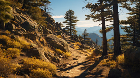 the photo captures a mesmerizing hinterland hiking trail bathed in golden light, featuring a vibrant palette of yellow, blue, pink, and black hues. the strong shadows add depth and contrast to the scene, reminiscent of a poetcore illustration. this high-quality image, with high detail reminiscent of ansel adams and andrew tischler's work, is a visual masterpiece. ai generatedの素材