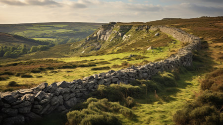 stone wall of a valley nestled in the hills, showcasing the timeless beauty of traditional british landscapes. the light amber and green hues create a captivating contrast. this uhd image, captured by stephen shortridge using the tokina opera 50mm f/1.4 ff lens, beautifully captures the luminist landscapes. iso 200. ai generatedの素材