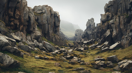 rocks in a rocky landscape, captured with the zeiss batis 18mm f2.8 lens, showcasing detailed atmospheric portraits. this image features jagged edges and a moody atmosphere, reminiscent of epic fantasy scenes. the matte painting style adds depth to the pastoral landscape, creating an atmospheric and captivating composition. ai generatedの素材