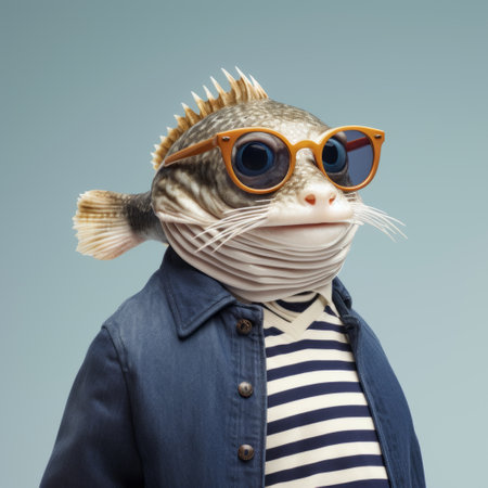 catfish in sunglasses and striped sweater poses cheerfully against a white background. this quirky and adorable photo captures the fish's humor and style, making it a unique and amusing image. the catfish looks quite fashionable in its trendy outfit, bringing a touch of humor to the aquatic world. ai generatedの素材