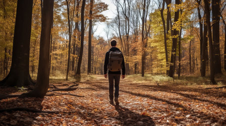 a woman walks on a path in the woods, with an autumn leaf trailing behind her. the photo captures the essence of desolate landscapes, with a mix of light orange and dark gray tones. it evokes a sense of queer academia and working-class empathy. benjamin sack's artistry is evident in this beautiful composition, packed with hidden details. ai generatedの素材