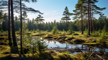 a stunning photograph captured with a nikon d850 camera showcases the sun's reflection on a vibrant pine forest. the saturated pigment pools create a captivating display of light green and dark brown tones. this traditional british landscape, captured with the tokina at-x 11-16mm f/2.8 pro dx ii lens, evokes a sense of natural beauty. the photo brings to mind the aesthetic of the helsinki school,の素材