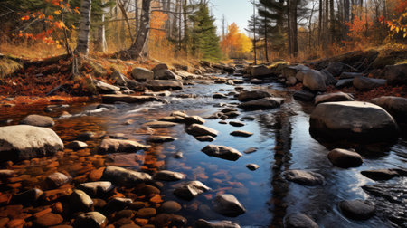 a large rock in the stream, showcasing golden hues and atmospheric woodland imagery. this associated press photo captures the charm of idyllic rural scenes with its silver and amber tones. the crimson and amber colors create a stark contrast of light and shadow, adding depth to the captivating composition. ai generatedの素材