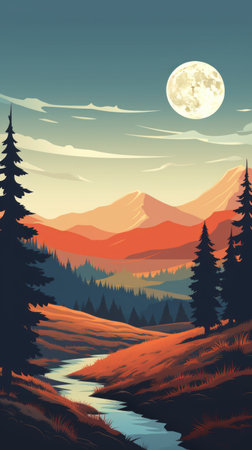 the retro poster features a modern-retro aesthetic landscape, designed with a minimalist approach. the artwork combines vintage elements with contemporary style, creating a unique and visually striking design. this creative blend of old and new creates a timeless and captivating composition that stands out. ai generatedの素材