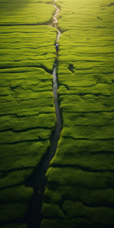 an aerial shot captures the beauty of an expansive green field, reminiscent of national geographic's style. the japanese abstraction influence is evident, showcasing the artistry of the zeiss batis 18mm f28 lens. the scene evokes the essence of the eastern zhou dynasty, with the luminosity of water playing with captivating light and shadow. this photograph exudes a professional quality akin to an associated press photo.の素材