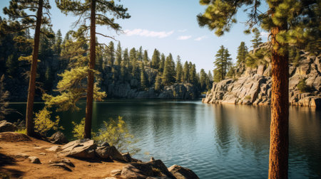 lake and trees in front of it, showcasing crystalline and geological forms in a whimsical wilderness. captured with a nikon af600, this uhd image portrays the romantic landscapes of california plein air. nadav kander's artistic vision brings out the beauty of nature in a unique and captivating way. ai generatedの素材