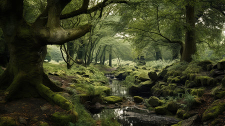 a stream meanders through a forest, enveloped by moss-covered trees. this photo, reminiscent of traditional british landscapes, showcases the beauty of the english countryside. with its matte painting style and high tonal range, it captures the essence of nature and offers nature-inspired imagery worthy of national geographic. ai generatedの素材