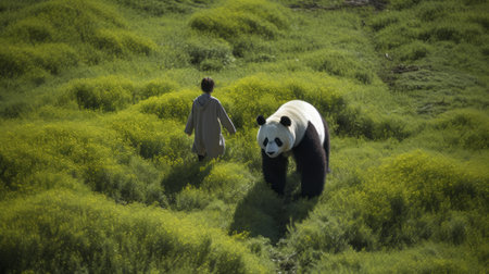 a brown rabbit and panda standing in a lush green grassy landscape, reminiscent of the artistic styles of isaac julien, alejandro jodorowsky, and alexandre benois. the scene captures the essence of northern china's terrain, creating a poignant and immersive experience with its expansive beauty. ai generatedの素材