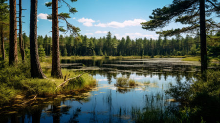 a serene lake nestled amidst a dense forest of towering trees, captured beautifully with the nikon d850. this painterly landscape showcases the breathtaking beauty of nature in an ultra-high-definition image. antti lovag's artistic touch brings photorealistic rendering to traditional landscapes, highlighting a deep sensitivity to the natural world. ai generatedの素材