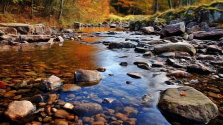 rocks in the river, captured with the zeiss batis 18mm f2.8 lens, showcasing a vibrant color palette of light red and gold. this photograph beautifully portrays the stunning scottish landscapes, with its saturated color schemes and contrasting tones of light amber and black. the wide-angle lens adds depth and perspective, while the subtle hints of light silver and orange enhance the overall composition. ai generatedの素材