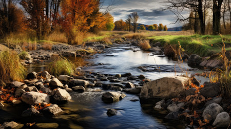the river runs through the falling leaves in a pastoral landscape, creating a richly colored scene with a vignetting effect. the gray and amber tones of the stone complement the national geographic style photo, captured with a hasselblad h6d-400c. ai generatedの素材