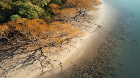 aerial view of sandy beach landscape with tree roots, sunrise, cityscape, and twisted branches. this textural exploration captures the light amber and yellow tones, showcasing atmospheric woodland imagery. the colorized australian tonalism style adds depth to this wildlife photography composition. ai generatedの素材