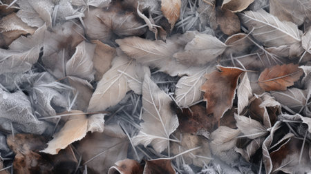 leaves left on the ground from the winter frost create a textured landscape resembling layered mesh. the light silver and dark bronze tones add depth to the translucent layers. naturalistic bird portraits blend seamlessly into the mesmerizing colorscapes. this highly detailed foliage is captured in a stunning uhd image. ai generatedの素材